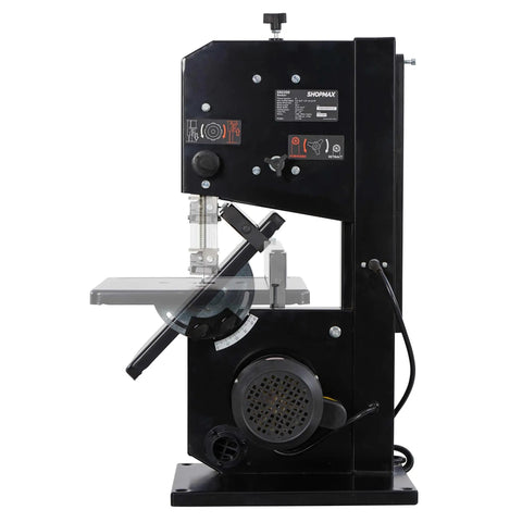 Badass Heavy Duty Steel Benchtop Band Saw With 2.2 Amp Motor, side view showing adjustable tilt head and base.