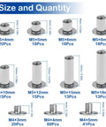 Chart of 130 Sets Chicago Screws Kit in silver for leather crafting with various M5 and M4 sizes and lengths shown