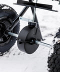 Close-up of rugged wheels and enclosed gear box on Beast 50 Lb Walk Behind Spreader For Lawn Care, 10 To 12 Foot Coverage