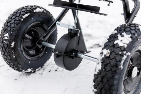 Close-up of rugged wheels and enclosed gear box on Beast 50 Lb Walk Behind Spreader For Lawn Care, 10 To 12 Foot Coverage