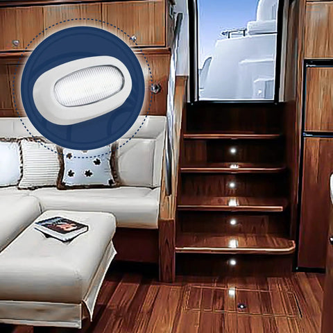 Interior boat deck with 4 Pack Oblong LED Courtesy Lights for Boats and RVs No Brainer Cool White 12V IP67 Waterproof