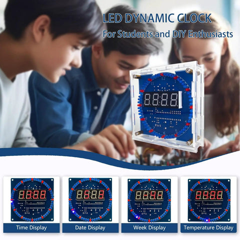 Hands On Soldering Practice Kit With Digital Clock Rotating LED Running Light Temperature Control Light Control Transparent Case Multi Function Clock For DIY Electronics Learning For Beginners displayed on desk