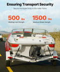 Beefy Heavy Duty Boat Trailer Transom Straps 2 Inch By 48 Inch Adjustable with 1,500 lb Break Strength securing a boat on trailer