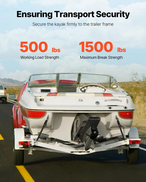 Beefy Heavy Duty Boat Trailer Transom Straps 2 Inch By 48 Inch Adjustable with 1,500 lb Break Strength securing a boat on trailer