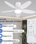 Low Profile 36 Inch Ceiling Fan With Remote And App Control, Dimmable LED Lights, DC Inverter Motor, Flush Mount, Reversible For Bedroom Indoor Outdoor Patio, White, shown with remote control features.