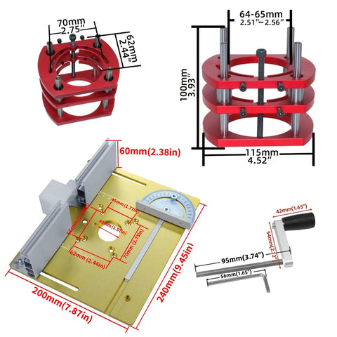 Rock Solid Manual Lifting Router System Kit featuring a heavy duty aluminum table insert plate dimensions and components layout.