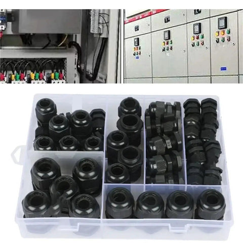 All Weather Waterproof Nylon Cable Gland Kit 50Pcs With Lock Nuts And Joints Fits 3 to 16mm Cables PG7 PG9 PG11 PG13.5 PG16 PG19 Tough As Nails Durable Sealing Glands For Outdoor Use in a plastic container