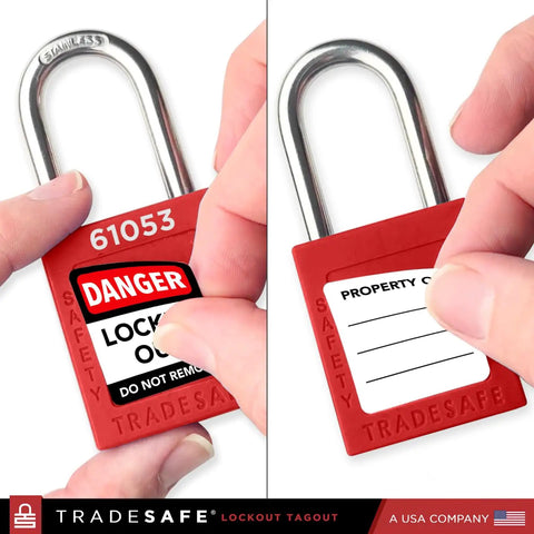 Hands applying lock on Breaker Lockout Tagout Kit For Electrical Safety, OSHA Compliant With 25 Lockout Devices, Hasps, Tags And Keyed Different Locks, 120/277V To 480/600V, Pro Grade Worksite Ready Carry Bag Included And 2 Keys Each.