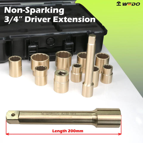 Non Sparking Three Quarters Inch Socket Set, 14-Piece Aluminum Bronze Hazardous Area Tools in case, focus on driver extension