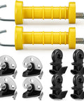 Two Sets Electric Fence Gate Handle Kit With Anchors And Insulators Including Two Yellow Handles With Spring, Four Black Insulators, And Four Anchors With Screws For Fast, Durable Outdoor Fence Installations displayed.