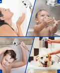 Silver High Pressure Shower Head With Filters showcasing diverse use; woman, baby, child, and pet enjoying spa like experience.