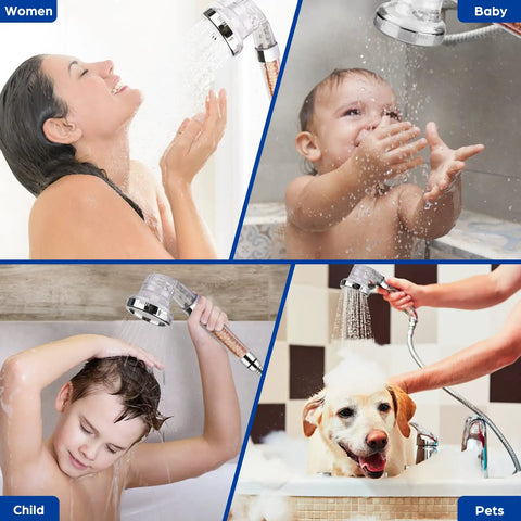 Silver High Pressure Shower Head With Filters showcasing diverse use; woman, baby, child, and pet enjoying spa like experience.