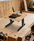 Solid Build Router Table With Heavy Duty Stand And Adjustable Fence Premium Mdf Workbench on wooden workbench background.