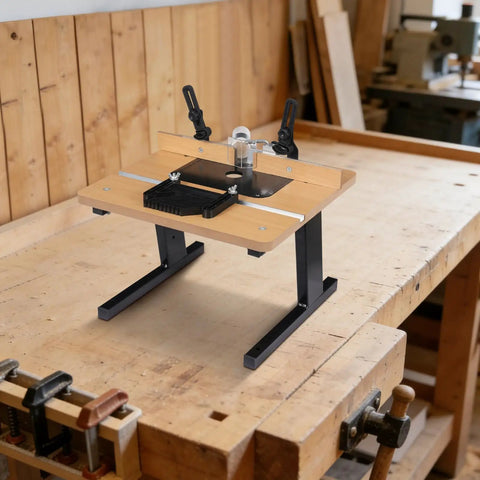Solid Build Router Table With Heavy Duty Stand And Adjustable Fence Premium Mdf Workbench on wooden workbench background.