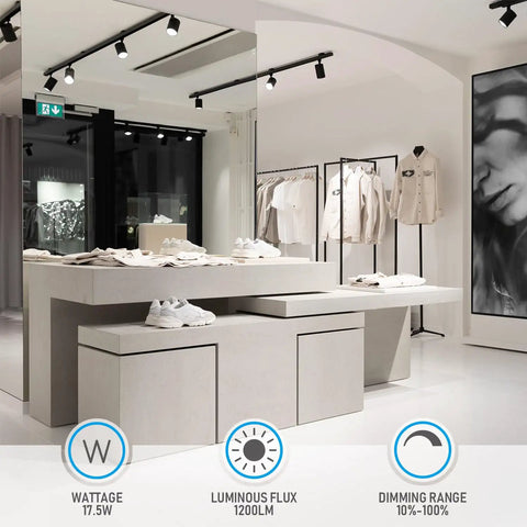 Flexible H Track Lighting Heads For Retail, 17.5W LED, CRI90, 4000K, matte black finish illuminating a modern retail store display