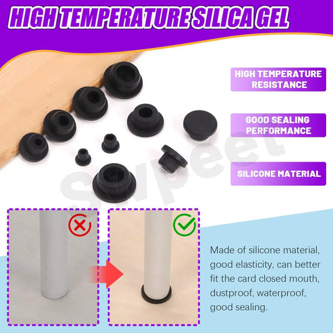 Must-Have Silicone Hole Plug Set With Fifty One Pieces In Six Sizes Eight Point Three Mm, Ten Mm, Fifteen Mm, Nineteen Mm, Twenty One Mm And Twenty Six Mm T Shaped Rubber Stoppers For Waterproof Snap On Bottle Seal Black displayed on a table.
