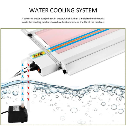 Heavy Duty Portable Acrylic Heat Bending Machine For Plastic Sheet Shaping With Adjustable Angle and Precise Temperature Setup Includes Steel Ruler And Cooling Pump showing water cooling system for heat reduction.