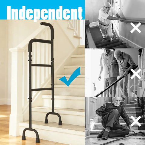 Easy Peasy Assembly Adjustable Stair Climbing Cane For Seniors delivering solid grip, steel frame by steps, portable mobility aid.