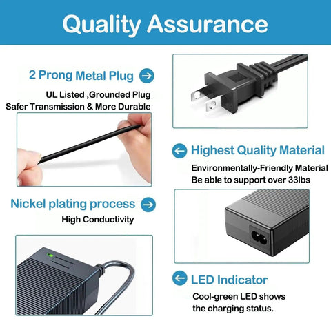 Features of 15V 60W AC Adapter Charger for Portable Power Stations: metal plug, nickel plating, LED indicator, eco material
