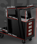 Side view of the Welding Cart With Four Drawers For MIG Welder, TIG Welder And Plasma Cutter, Heavy Duty Steel Rolling Workhorse with dimensions.