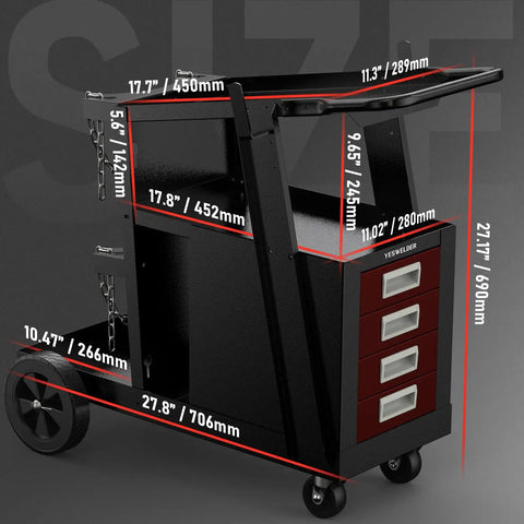 Side view of the Welding Cart With Four Drawers For MIG Welder, TIG Welder And Plasma Cutter, Heavy Duty Steel Rolling Workhorse with dimensions.
