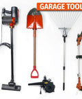 Array of different garage tools including a vacuum, shovel, rake, blower, and pruning tool against a white background.