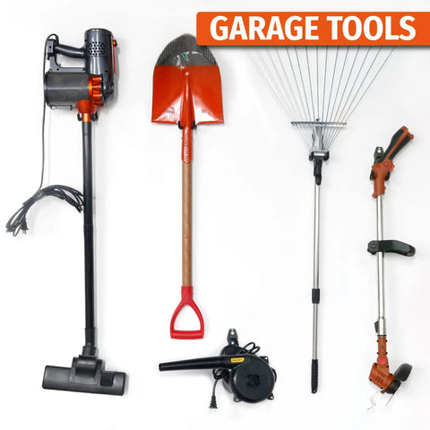 Array of different garage tools including a vacuum, shovel, rake, blower, and pruning tool against a white background.