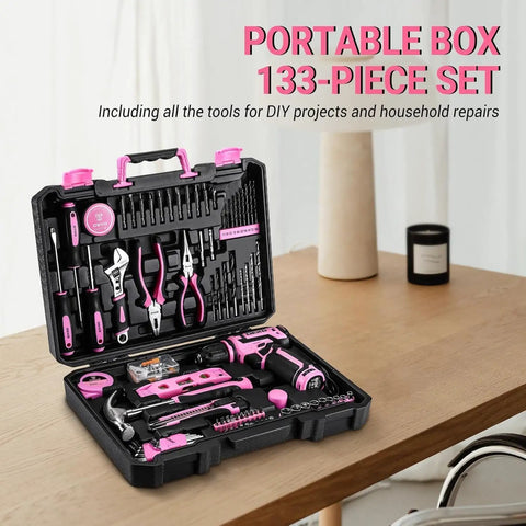 Open toolbox showing Pink Cordless Drill Set for Women 12V Electric Drill Driver Kit with 1.5Ah Li Ion Battery Portable Tool Box DIY Home Improvement Must Have Case Included Handy Power Tools for Household Repairs