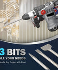 Beefy SDS Max Chisel Set With Shanks 3 Piece Rotary Hammer Bit Kit featuring flat, point, and scaling chisels for concrete and tile removal.