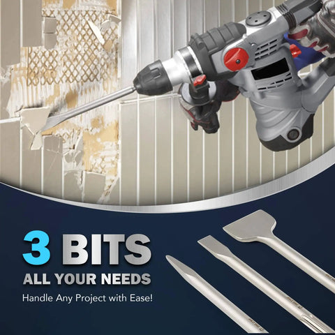 Beefy SDS Max Chisel Set With Shanks 3 Piece Rotary Hammer Bit Kit featuring flat, point, and scaling chisels for concrete and tile removal.