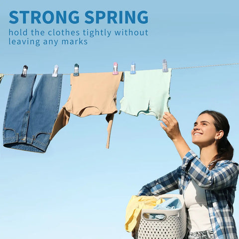 Heavy Duty Rubber Coated Clothespins And Chip Clips With A Badass Spring Grip Perfect For Laundry Food Storage And Outdoor Drying All Week Long Zero Slip holding jeans and shirts on a clothesline.