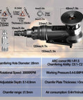 Pneumatic handheld chamfering tool, side view, Amazon, 1/4 in air inlet, 45° arc head
