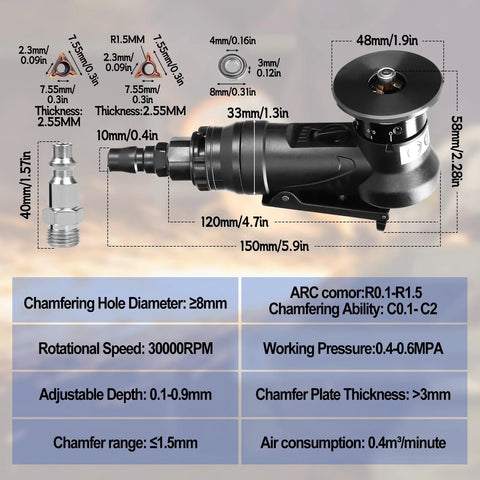 Pneumatic handheld chamfering tool, side view, Amazon, 1/4 in air inlet, 45° arc head