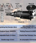 Handheld Pneumatic Chamfering Tool With Adjustable Angle For 45 Degree Arc Corner Deburring On Metal And Wood Light portable grinder with specifications.