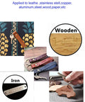 Pro Grade Metal Stamping Kit With Letter And Number Punches for leather, wood, and metal DIY crafting displaying engraved keychains.