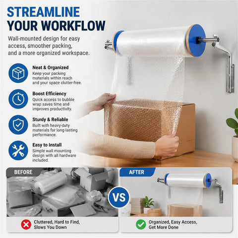 Kick Clutter To The Curb At Your Shipping Station With This Heavy Duty Wall Mount Bubble Wrap Dispenser And Steel Foam Roll Holder in use.