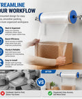 Rocksolid Wall Mount Bubble Wrap Dispenser Boasting Ridiculously Tough Galvanized Steel Build Heavy Duty Cushioning Film Holder For Zero Hassle Warehouse Packing Stations with bubble wrap on box.