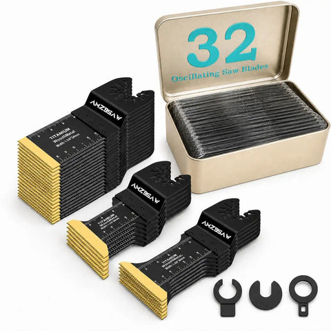 Badass 32 Piece Titanium Oscillating Multi Tool Blade Set For Heavy Duty Metal Cutting Wood Planks Nails Removal And Plastic Demolition Projects With Sharp Kick Ass Edges And Top Shelf Durability in a metal storage case.