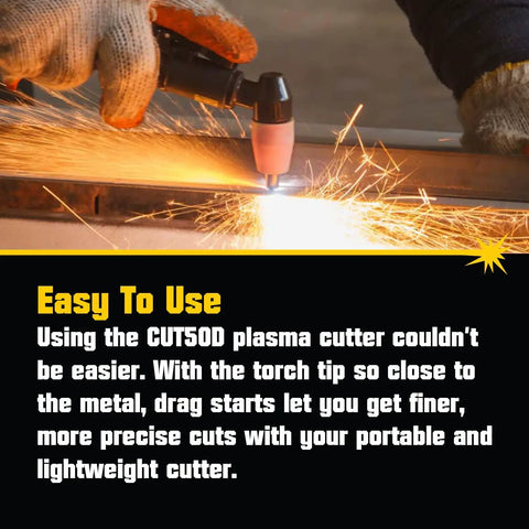 Hand using 50 Amp Air Inverter Plasma Cutter Portable Cutting Machine With Dual Voltage 110V 220V Auto Voltage Switch One Half Inch Clean Cut Capability Rugged Workhorse Pro Kit Easy Setup For On The Go Projects CUT50D for precise metal cutting