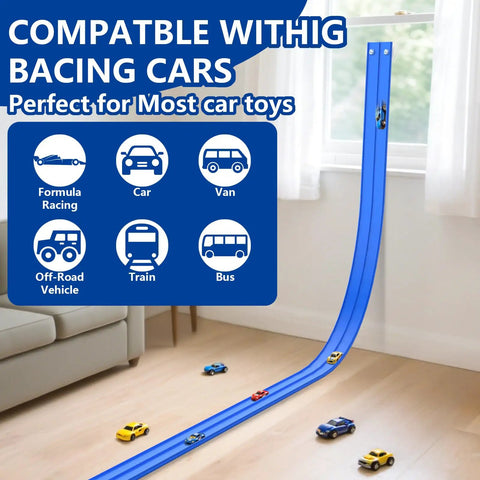 Flexible blue racetrack kit on floor with cars, compatible with multiple toy vehicles, curved slope from window. 15 Ft Flexible Race Track Kit For 1:64 Diecast Cars, Portable DIY Racetrack With Suction Cup Ramp, Compatible With 1/64 Cars, Totally Easy To Build Curved, Circular, And Sloped Runs For Boys And Girls Ages 3+.