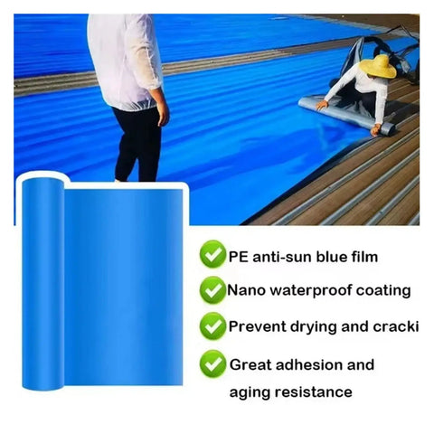 Blue waterproof heat insulation adhesive tape being applied to a pool deck, showcasing nano waterproof coating and anti-sun film.