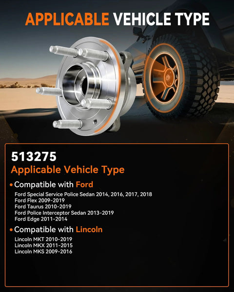 2 Pack Front And Rear Wheel Hub Bearing Assembly 513275 Fits Ford Edge 2011-2014 Flex 2009-2019 Taurus 2010-2019 Lincoln MKS MKT MKX 2009-2019 5 Lug Direct Fit Replacement shown with compatible vehicles