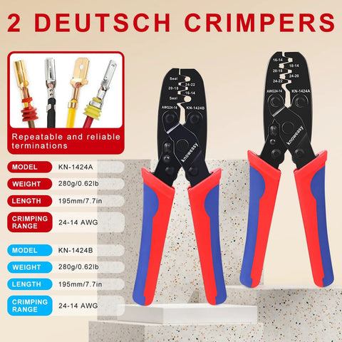 Deutsch DT Connector Crimp Kit with open and close barrel crimpers, red and blue handles on display with specs