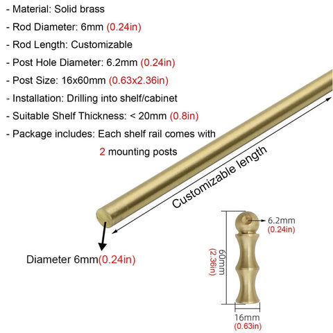 Built Tough Solid Brass Shelf Rail Kit With Spindles Adjustable Anti Fall Guard Fence For Cabinets And Display Shelving Rust Resistant Vintage Charm, 6mm diameter rail and 2 mounting posts.
