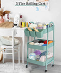 3 Tier Rolling Cart With Lockable Wheels And Hanging Cups, metal utility cart in sewing room near white desk