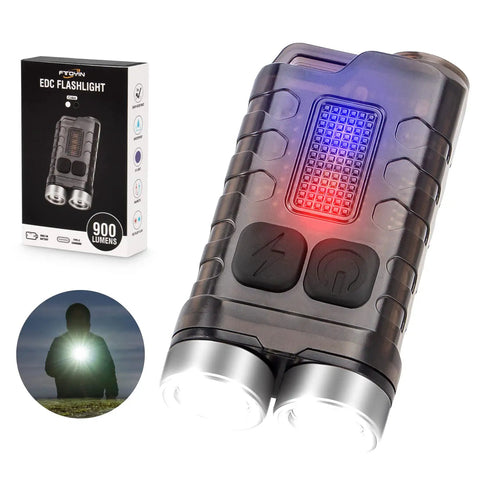 Rechargeable Keychain EDC Flashlight, 900 Lumens Tiny Yet Mighty Pocket Rocket Mini LED Light near packaging with red light
