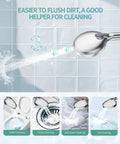 Chrome handheld shower head with detachable hose and adjustable spray in a tiled bathroom.