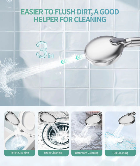 Chrome handheld shower head with detachable hose and adjustable spray in a tiled bathroom.