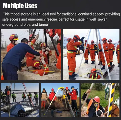 Confined Space Rescue Tripod Kit With 30m Cable in action for sewer and tunnel safety, emergency rescue operations underway.