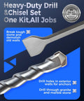 Rotary Hammer Drill Bits Set And Chisels SDS Plus For Concrete And Masonry Holes 17 Pieces With Durable Storage Case Carbide Tipped Pro Grade For Heavy Duty Drilling, showing close-up of chisel and drill bit.